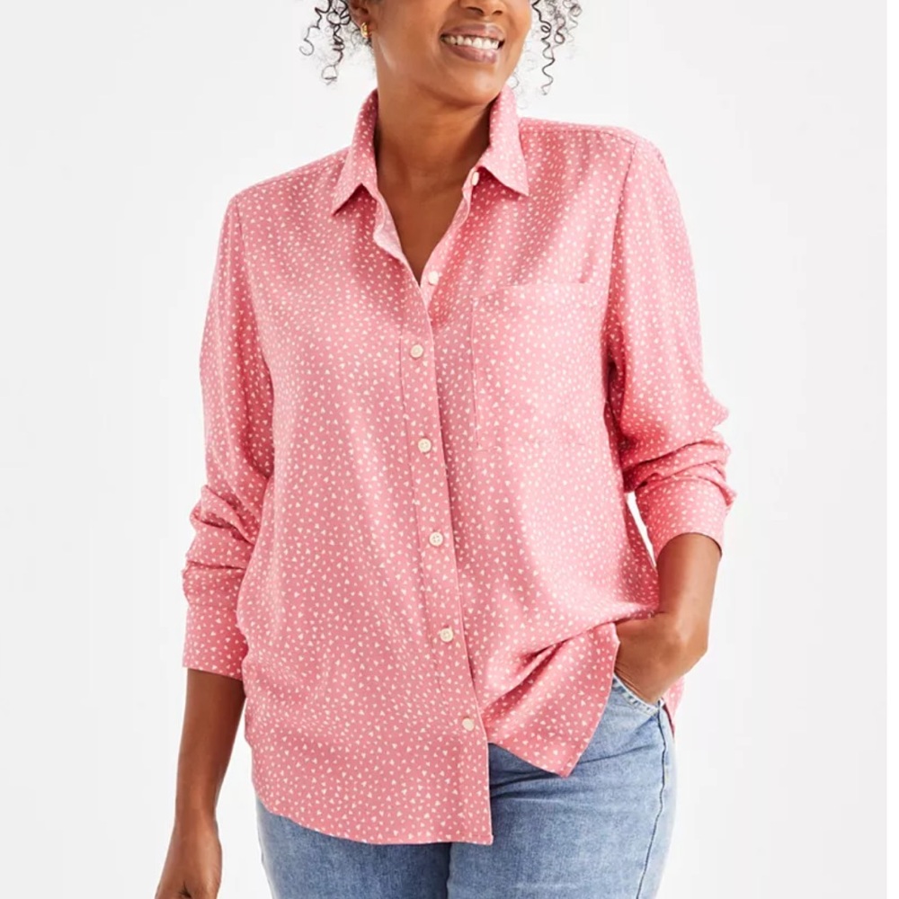Style & Co Women's Heart Printed Button-Front Shirt Pink Size XL
